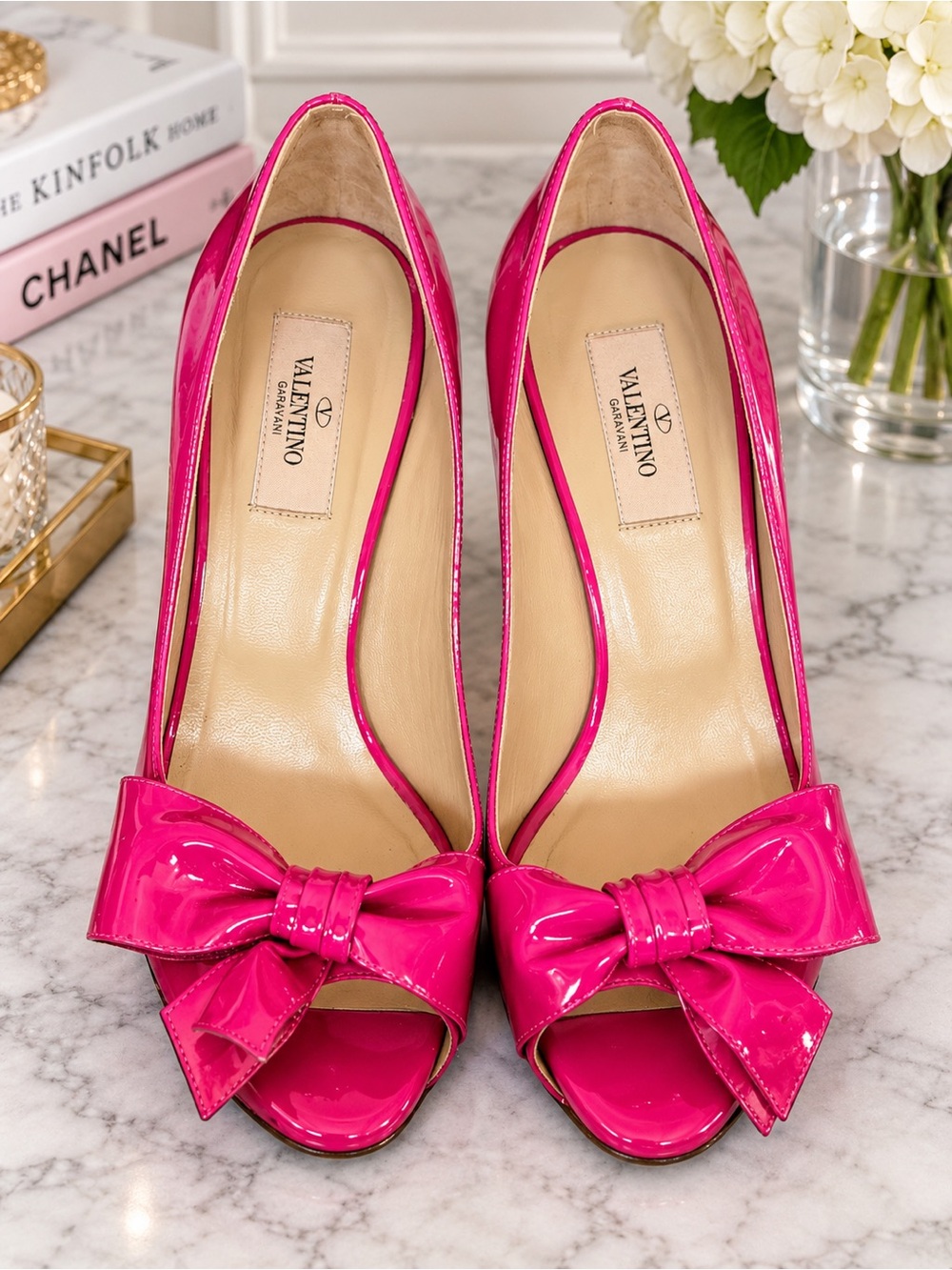 Valentino Hot Pink Patent Leather Bow Peep-Toe Pumps